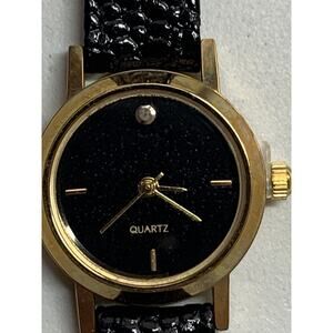 Ladies~~ Black Faux Alligator Band~~Quartz Gold Tone Wrist Watch